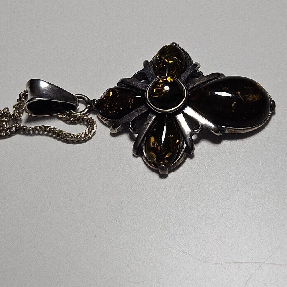 Vintage Sterling Silver Amber Cross Pendant Necklace Yellow Golden 18" - Picture 15 of 15
